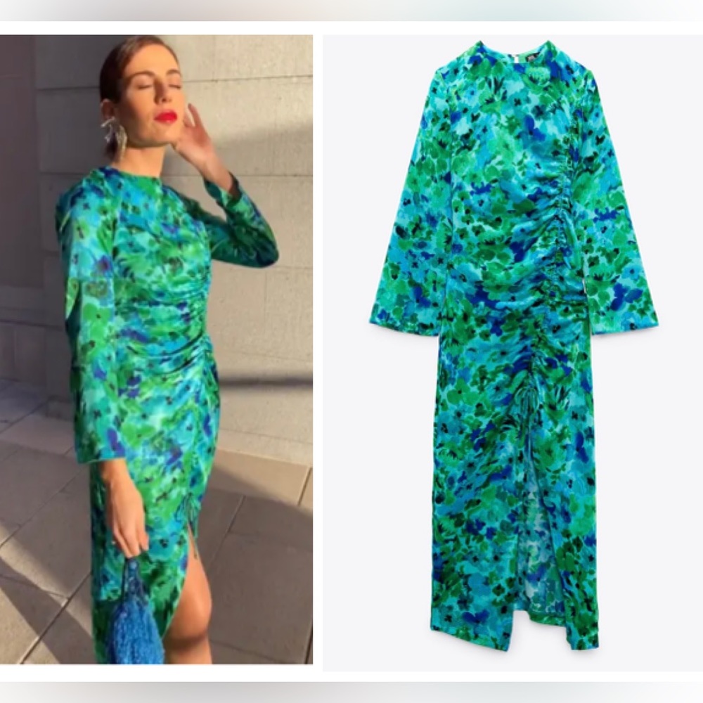 ZARA Floral Ruched Dress Blogger Favorite NWT
